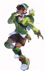  1boy bow bowtie collared_shirt commentary dark-skinned_male dark_skin frog green_eyes green_hat green_shoes hair_over_one_eye hasunoue_keroppi hat headphones hello_kitty knee_pads lucio_(overwatch) overwatch red_bow road_233 sanrio shirt shoes shorts solo untranslatable_commentary white_background white_shirt 