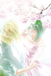  1boy 1girl alternate_costume bare_shoulders blonde_hair breasts cherry_blossoms commentary_request dimitri_alexandre_blaiddyd dimitri_alexandre_blaiddyd_(timeskip) dress female_byleth_(awakened)_(fire_emblem) female_byleth_(fire_emblem) fire_emblem fire_emblem:_three_houses from_above green_eyes green_hair highres looking_at_another medium_breasts official_alternate_eye_color official_alternate_hair_color pink_dress short_hair ujiji0401 