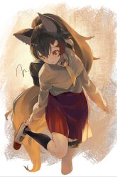 1girl absurdres alternate_costume animal_ear_fluff animal_ears black_hair black_socks hair_ornament highres long_hair looking_down multicolored_hair ookami_mio orange_eyes red_hair red_skirt skirt socks solo tail torokko very_long_hair wolf_ears wolf_girl wolf_tail 