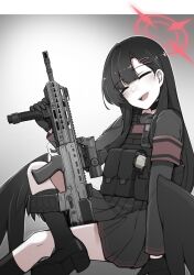  1girl assault_rifle black_gloves black_hair black_sailor_collar blue_archive bulletproof_vest bullpup closed_eyes commentary_request feathered_wings from_side gloves gun hair_ornament halo highres ichika_(blue_archive) l85 long_hair red_halo rifle sailor_collar sekino_takehiro sidelocks simple_background skirt solo turning_head weapon wings 