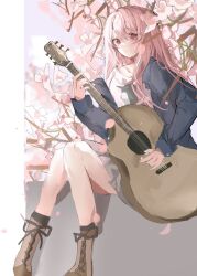  1girl black_jacket boots brown_boots cherry_blossoms closed_mouth commentary_request day dutch_angle falling_petals flower full_body grey_skirt guitar hair_between_eyes hand_up harumi_ena highres holding holding_guitar holding_instrument instrument jacket knees_together_feet_apart lace-up_boots limelight_lemonade_jam long_hair long_sleeves looking_at_viewer open_clothes open_jacket outdoors penguin_print petals pink_flower pink_hair pleated_skirt print_shirt red_eyes shiro_rei419 shirt sitting sketch skirt smile solo split_mouth very_long_hair white_shirt 