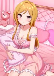  1girl absurdres barefoot bed blonde_hair breasts collarbone commentary_request curtains dress highres hug idolmaster idolmaster_million_live! idolmaster_million_live!_theater_days indoors large_breasts long_hair looking_at_viewer mimiu_p momose_rio on_bed pillow pink_dress sitting solo stuffed_animal stuffed_toy teddy_bear yellow_eyes 