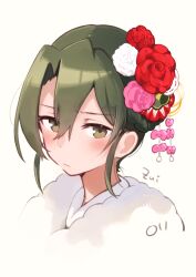  1girl absurdres blush closed_mouth commentary cropped_shoulders flower fur_collar green_eyes green_hair hair_between_eyes hair_flower hair_ornament hair_up highres japanese_clothes kantai_collection looking_at_viewer ma_rukan pink_flower portrait red_flower signature simple_background solo white_flower zuikaku_(kancolle) 
