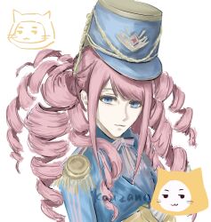 1girl :3 absurdres animal blazer blue_eyes blue_hat blue_jacket blue_shirt bow bowtie cat chinese_commentary closed_mouth clothed_animal commentary_request drill_hair ear_covers epaulettes hat head_only highres hood hood_up infinity_nikki jacket lips long_hair long_sidelocks long_sleeves military_uniform momo_(nikki) nikki_(series) pink_hair purple_bow purple_bowtie shako_cap shirt sidelocks signature simple_background sleeve_cuffs smile stylist_(nikki) swept_bangs tw42095067 twintails upper_body wavy_hair white_background white_cat yellow_hood 