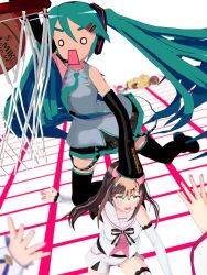  3d 5girls absurdres animasa_model_(mikumikudance) aqua_hair aqua_necktie ball basketball basketball_(object) basketball_hoop black_sleeves bow brown_hair cel_rendering commentary crossover detached_sleeves dynamic_pose english_commentary family_guy_death_pose_(meme) grey_shirt hair_between_eyes hair_bow hair_ornament hatsune_miku headset highres hololive inugami_korone inugami_korone_(1st_costume) jumping kio_(majin_kz) kizuna_ai kizuna_ai_inc. long_hair meme mikumikudance_(medium) multicolored_hair multiple_girls necktie o_o open_mouth out_of_frame pink_bow sakura_miko sakura_miko_(1st_costume) shirt skirt sleeveless sleeveless_shirt streaked_hair tokino_sora tokino_sora_(1st_costume) twintails very_long_hair virtual_youtuber vocaloid 