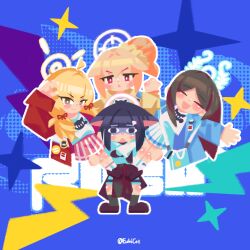  4girls absurdres after-school_sweets_club_(blue_archive) airi_(band)_(blue_archive) airi_(blue_archive) black_hair blonde_hair blue_archive blue_background blue_jacket blush brown_hair chibi closed_eyes clothes_around_waist euki_(eukicat) green_halo group_pose halo highres jacket jacket_around_waist kazusa_(band)_(blue_archive) kazusa_(blue_archive) light_smile loafers multiple_girls natsu_(band)_(blue_archive) natsu_(blue_archive) pain pink_hair pink_halo red_jacket shoes smile star_(symbol) triangle_mouth yellow_halo yellow_jacket yoshimi_(band)_(blue_archive) yoshimi_(blue_archive) 