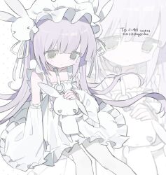  1girl 2000s_(style) chizunyanko detached_sleeves dress faux_retro_artstyle green_eyes hair_ornament hairband highres lolita_fashion lolita_hairband long_hair looking_down o-ring original pantyhose purple_hair rabbit_hair_ornament sitting stuffed_animal stuffed_rabbit stuffed_toy very_long_hair white_background white_dress white_pantyhose white_sleeves white_theme zoom_layer 