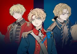 3boys absurdres aged_down america_(hetalia) ascot axis_powers_hetalia blonde_hair blood blood_on_face blue_eyes bow chinese_commentary commentary_request cubed_(houkuaid) epaulettes facial_hair france_(hetalia) goatee_stubble green_eyes hair_bow highres jacket male_focus medium_hair military_jacket military_uniform multiple_boys open_mouth ponytail shirt short_hair smile stubble thick_eyebrows united_kingdom_(hetalia) violet_eyes 