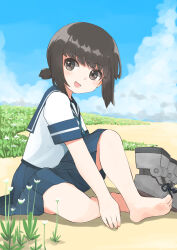  1girl absurdres barefoot black_eyes black_hair blue_sailor_collar blue_skirt blue_sky clouds commentary_request day fubuki_(kancolle) full_body grass highres kantai_collection looking_at_viewer low_ponytail outdoors pleated_skirt ponytail sailor_collar school_uniform serafuku short_ponytail sidelocks sitting skirt sky solo toplow 