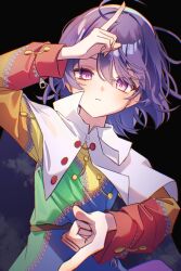  1girl capelet commentary_request dress glowing glowing_eyes hair_between_eyes hairband highres looking_at_another looking_at_viewer multicolored_dress multicolored_hairband patchwork_clothes pointing pointing_down pointing_up purple_hair rainbow_gradient simple_background solo tenkyuu_chimata touhou violet_eyes white_capelet ww333v 