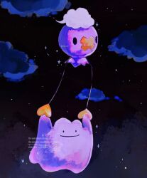  ._. absurdres balloon clouds ditto drifloon floating highres holding holding_pokemon night no_humans pokemon pokemon_(creature) pokemon_focus pokemon_pokopia sky slime_(creature) smile solid_circle_eyes solid_oval_eyes star_(sky) starry_sky su_(sajo_su5) x_(symbol) 
