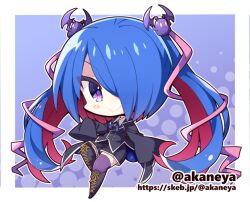  1girl akaneya black_boots black_shirt black_shorts blue_background blue_hair blue_ribbon blush_stickers boots border character_request closed_mouth commentary_request commission copyright_request full_body hair_over_one_eye halftone halftone_background hand_up knee_boots lace-up_boots long_hair long_sleeves looking_at_viewer multicolored_hair neck_ribbon outline outside_border purple_thighhighs red_hair ribbon shirt shorts sitting skeb_commission sleeves_past_fingers sleeves_past_wrists smile solo thigh-highs twintails twitter_username two-tone_hair very_long_hair violet_eyes web_address white_border white_outline 