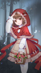  1girl antlers blue_eyes blush bow brown_hair cape commentary_request dark_background dress forest frilled_sleeves frills hair_ornament hand_on_hood highres holding_hood hood hood_up horns indie_utaite kano_(utaite) nature open_mouth outdoors red_bow red_cape red_hood red_ribbon ribbon shirt short_hair simple_background solo tree utaite white_background white_shirt xiao_shi_lullaby 