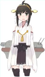  1girl absurdres ahoge artist_logo black_eyes black_hair black_skirt boots commentary_request cosplay cowboy_shot detached_sleeves fubuki_(kancolle) hairband hakama hakama_short_skirt hakama_skirt headgear highres japanese_clothes kantai_collection kongou_(kancolle) kongou_(kancolle)_(cosplay) logo long_hair looking_at_viewer low_ponytail ma_rukan ponytail ribbon-trimmed_sleeves ribbon_trim short_ponytail sidelocks simple_background skirt solo standing thigh-highs thigh_boots translated white_background 