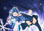  adapted_costume blue_eyes blue_hair blue_legwear choker cirno flying highres open_mouth rikune short_hair smile snowflakes solo thigh-highs thighhighs touhou wings 