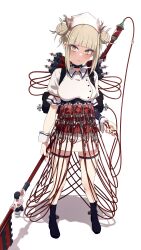  1girl absurdres black_choker blonde_hair blood blood_bag blood_on_clothes blunt_bangs boku_no_hero_academia breasts choker double_bun dress hair_bun hat highres holding holding_polearm holding_weapon looking_at_viewer medium_breasts messy_hair na-suke nurse nurse_cap polearm sidelocks simple_background solo standing thigh_strap toga_himiko weapon white_background white_dress yellow_eyes 