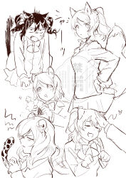  5girls absurdres animal_ears ayase_eli blazer bow bowtie cardigan commentary_request food greyscale hair_bow headpat highres holding holding_food inazuma_(elect_line) jacket kemonomimi_mode koizumi_hanayo kosaka_honoka leopard_ears leopard_girl leopard_tail long_sleeves love_live! love_live!_school_idol_project medium_hair monochrome multiple_girls nishikino_maki onigiri open_clothes open_jacket open_mouth otonokizaka_school_uniform paw_pose school_uniform tail twintails twitter_username watermark yazawa_nico 