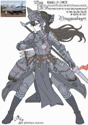  1girl aircraft airplane armor b-1_lancer black_boots blackd09 blush boots brown_hair full_body highres humanization long_hair original reference_photo simple_background solo standing twitter_username weapon weapon_request white_background 