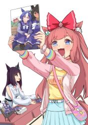  2girls :3 agnes_digital_(casual)_(umamusume) agnes_digital_(umamusume) animal_ears bag blue_eyes blue_skirt blush book bow cesario_(umamusume) clothing_cutout commentary_request drooling hair_bow harukazetabiji holding holding_book horse_ears horse_girl horse_tail jacket long_hair long_sleeves manga_(object) mejiro_dober_(casual)_(umamusume) mejiro_dober_(umamusume) multiple_girls open_mouth pink_bag pink_hair pink_jacket red_bow school_uniform shirt skirt standing symboli_kris_s_(umamusume) tail tracen_school_uniform two_side_up umamusume upper_body winter_uniform yellow_shirt yuri_(object) 
