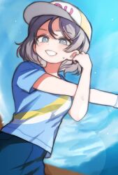  1girl alternate_costume baseball_cap blue_eyes blue_pants blue_shirt blue_sky blush brown_hair character_name clouds cloudy_sky commentary_request dot_nose english_text from_below grey_hair hat highres korean_commentary light_particles looking_at_viewer love_live! love_live!_sunshine!! official_alternate_costume outdoors pants shirt short_hair short_sleeves sky smi_kook smile solo stretching striped_clothes striped_wristband sweat sweatdrop sweatpants t-shirt training watanabe_you wavy_hair white_hat wristband yellow_hat 