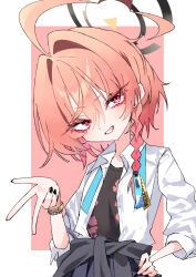  1girl ahoge black_halo black_nails blue_archive blush bracelet braid clothes_around_waist collared_shirt commentary floral_print_shirt grin gyaru_v hair_between_eyes halo hand_on_own_hip head_tilt highres huge_ahoge jacket jacket_around_waist jewelry looking_at_viewer mo2upoyo mole mole_under_each_eye mole_under_eye multiple_moles neck_ribbon neru_(blue_archive) neru_(school_uniform)_(blue_archive) official_alternate_costume open_clothes open_shirt orange_hair red_eyes ribbon school_uniform shirt simple_background single_braid smile undone_neck_ribbon upper_body v white_shirt 