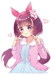  absurdres animal_ears blue_dress blush brown_hair casual closed_mouth dress ear_covers hair_ornament hairband heart highres horse_ears horse_girl horse_tail jacket long_sleeves morizu929 nishino_flower_(casual)_(umamusume) nishino_flower_(umamusume) pink_hairband pink_jacket pointing pointing_at_self short_hair simple_background smile tail umamusume violet_eyes white_background x_hair_ornament 
