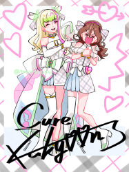  >_< 2girls ankle_boots arm_around_shoulder back_bow blonde_hair blush boots bow bracelet brown_hair character_name closed_eyes commentary cosplay cure_zukyuun cure_zukyuun_(cosplay) dress earrings eighth_note elbow_gloves frown full-face_blush gloves gradient_hair green_hair hair_ornament hair_ribbon hairband heart highres huge_bow jewelry kimi_to_idol_precure long_hair magical_girl multicolored_hair multiple_girls musical_note musical_note_hair_ornament off-shoulder_dress off_shoulder one_eye_closed open_mouth own_hands_together pact_holder pink_eyes pink_hairband pointing pointing_at_another precure purikura purirun_(precure) ribbon sakura_uta_(precure) short_dress showgirl_skirt signature single_thighhigh sleeveless sleeveless_dress smile standing standing_on_one_leg streaked_hair thigh-highs ton_(ton39342104) twitter_username white_boots white_bow white_dress white_gloves white_ribbon white_thighhighs 