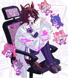  6+girls :d agnes_digital_(umamusume) agnes_tachyon_(umamusume) ahoge air_shakur_(umamusume) animal_ears birthday black_hair block_heels bow bowtie brown_hair brown_tail carrot chair chemical_structure chibi closed_eyes commentary_request crossed_bangs cup daiwa_scarlet_(umamusume) ear_ornament fang flask grin hair_between_eyes hair_bow hair_ornament hairclip hand_up hands_on_own_hips highres holding holding_cup horse_ears horse_girl horse_tail hugging_own_legs jungle_pocket_(umamusume) lab_coat long_hair long_hair_between_eyes long_sidelocks looking_at_viewer manhattan_cafe_(umamusume) medium_hair messy_hair molen106 multiple_girls no_earrings office_chair pink_eyes puffy_short_sleeves puffy_sleeves purple_sailor_collar purple_shirt purple_skirt purple_thighhighs red_eyes round-bottom_flask sailor_collar school_uniform shirt short_sleeves sidelocks sitting skirt sleeves_past_fingers sleeves_past_wrists smile solo_focus sugar_cube swivel_chair tail teacup test_tube thigh-highs tracen_school_uniform umamusume v very_long_hair violet_eyes white_bow white_bowtie white_hair wide_sleeves winter_uniform yellow_eyes 