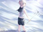  bad_hands blonde_hair blue_eyes female girl holding kagamine_rin looking_back open_mouth sailor_collar short_hair shorts solo vocaloid water young 
