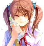  aoi_sora_(pairan) bottle brown_eyes brown_hair bust face hair_ornament hairclip original pairan shirt simple_background smirk solo sparkle sweat twintails water_bottle 