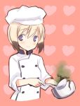  blonde_hair blue_eyes brown_hair chef chef_hat cooking erica_hartmann hat heart heart_background ladle multicolored_hair pink_background pot shimada_fumikane sleeves_rolled_up smile strike_witches two-tone_hair 