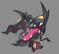  absurdres balance_(superdust) colored_skin extra_mouth from_behind full_body grey_background highres looking_at_viewer looking_back mawile mega_mawile mega_pokemon pink_eyes pokemon pokemon_(creature) pokemon_focus sharp_teeth solo teeth yellow_skin 