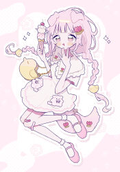  1girl \||/ absurdres animal_ears bare_arms blunt_bangs blush_stickers braid cherry commentary_request dog_ears dog_girl dog_tail dress drooling drop_shadow flower food fruit full_body grid_background hair_flower hair_ornament highres holding holding_food holding_ice_cream ice_cream long_hair mary_janes mouth_drool niyu_(nennenkorori3) open_mouth original outline pink_eyes pink_flower pink_hair pink_shoes pink_tulip rubber_duck_hair_ornament shoes short_sleeves smile socks solo sparkle tail tulip twin_braids white_background white_dress white_outline white_socks 