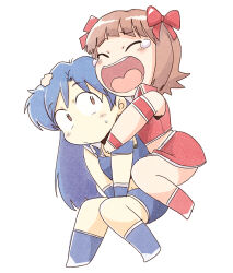  2girls amami_haruka blue_hair blue_skirt blue_vest bow brown_eyes brown_hair carrying chibi chibi_only closed_eyes closed_mouth constricted_pupils crying full_body hair_bow idolmaster idolmaster_(classic) kisaragi_chihaya long_hair miniskirt multiple_girls multiple_hair_bows open_mouth piggyback red_bow red_skirt red_vest short_hair simple_background skirt tears tsubobot vest white_background 