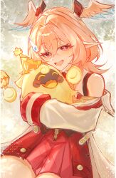  1girl absurdres aqua_wings black_corset commentary_request corset cropped_legs crossed_bangs detached_sleeves dress genshin_impact hair_between_eyes head_wings highres hug linnea_(genshin_impact) long_hair long_sleeves looking_at_viewer lumi_(genshin_impact) muimi575 multicolored_wings open_mouth pink_hair pink_wings pointy_ears red_dress smile teeth upper_teeth_only wings 