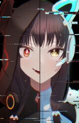  2girls absurdres animal_ear_headphones animal_ears asakura_karen_(code:virtual_killer)_(heaven_burns_red) asakura_karen_(heaven_burns_red) black_hair cat_ear_headphones cat_ears dual_persona fake_animal_ears glitch glowing glowing_eye headphones heaven_burns_red highres hood hoodie looking_at_viewer low_twintails multiple_girls red_eyes split_screen static twintails user_sdxs3478 yellow_eyes 
