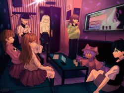  2boys 2others 3girls androgynous baseball_uniform black_eyes black_hair blue_hair blue_scarf braid brown_hair character_request collared_shirt colored_sclera copyright_request deltarune green_sweater highres holding holding_microphone ib_(ib) ib_(kouri) indoors karaoke karaoke_box kris_(deltarune) long_hair long_sleeves looking_at_another low_twin_braids madotsuki microphone minpupunkun multiple_boys multiple_girls multiple_others niko_(oneshot) off_(game) omori oneshot_(game) pleated_skirt red_skirt red_sweater scarf shirt short_hair skirt sportswear sunny_(omori) sweater the_batter_(off) turtleneck turtleneck_sweater twin_braids utdr_(toby_fox) white_hair white_shirt yellow_sclera yume_nikki 