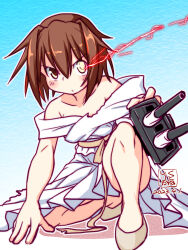  1girl adapted_turret artist_logo blue_background brown_hair cannon commentary_request dated dress furutaka_(anniversary)_(kancolle) furutaka_(kancolle) glowing glowing_eye gradient_background heterochromia high_heels kantai_collection kutone_shirika logo looking_at_viewer off-shoulder_dress off_shoulder official_alternate_costume on_one_knee ship_turret shoes short_hair solo torn_clothes white_dress white_shoes yellow_eyes 