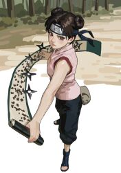  1girl black_pants blue_boots blue_headband boots breasts brown_eyes brown_hair capri_pants closed_mouth commentary double_bun fingernails forehead_protector forest full_body h4sh1rnoto hair_bun headband highres holding holding_scroll konohagakure_symbol naruto_(series) nature ninja open-toe_boots open-toe_shoes outdoors pants parted_bangs pink_shirt red_trim scroll shirt shuriken sketch_background sleeveless small_breasts solo tenten_(naruto) toenails translated v-shaped_eyebrows weapon 