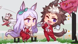  3girls animal_ears aqua_bow ball baseball baseball_(object) baseball_bat blunt_bangs blush bow brown_hair brown_hat chibi commentary_request ear_bow ear_ribbon gennai15079022 gold_ship_(umamusume) grey_hair hat highres holding holding_baseball_bat horse_ears horse_girl horse_tail jacket long_hair mejiro_mcqueen_(umamusume) mejiro_ryan_(umamusume) mouth_hold multicolored_hair multiple_girls one_eye_closed open_mouth pants pillbox_hat purple_hair red_jacket red_pants red_track_suit short_hair sitting smile sweatdrop tail television towel tracen_training_uniform track_jacket track_pants track_suit two-tone_hair umamusume violet_eyes watching_television white_hair 
