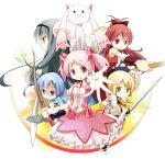  akemi_homura bow_(weapon) bubble_skirt chibi everyone gun highres kaname_madoka kyubey kyuubee magical_girl magical_musket mahou_shoujo_madoka_magica miki_sayaka no_nose polearm reaching rifle sakura_kyouko simple_background sunyukun sword tomoe_mami weapon 