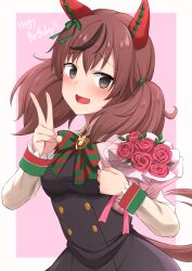  1girl akahi_(akahi242) animal_ears black_dress blush bouquet bow bowtie breasts brown_eyes brown_hair commentary_request diagonal-striped_bow dress ear_bow ear_covers ear_ribbon flower green_bow green_bowtie happy_birthday highres holding holding_bouquet holding_flower horse_ears horse_girl horse_tail juliet_sleeves long_sleeves looking_at_viewer medium_breasts medium_hair multicolored_hair nice_nature_(poinsettia_ribbon)_(umamusume) nice_nature_(umamusume) open_mouth pinafore_dress puffy_sleeves shirt sleeveless sleeveless_dress smile solo streaked_hair striped_bow striped_bowtie striped_clothes tail twintails umamusume v 