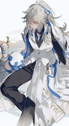  1boy black_choker black_pants black_shirt blue_ribbon chinese_commentary choker coat commentary_request hair_over_one_eye hair_ribbon high_ponytail highres honkai:_star_rail honkai_(series) jacket jacket_on_shoulders jing_yuan jing_yuan_(chapanda) long_hair long_sleeves looking_to_the_side male_focus mississipping mole mole_under_eye official_alternate_costume pants ponytail ribbon shirt solo tassel vest white_hair white_jacket white_vest yellow_eyes 
