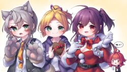  4girls ahoge alternate_sleeve_length animal_ears animal_hands arashi_(kancolle) arm_behind_head asymmetrical_hair black_vest blonde_hair box capelet chibi chibi_inset commentary_request dress flipped_hair fur-trimmed_capelet fur_trim gloves green_eyes grey_eyes grey_hair hagikaze_(christmas)_(kancolle) hagikaze_(kancolle) halloween_costume heart-shaped_box highres jacket kantai_collection korumochi maikaze_(kancolle) maikaze_(valentine)_(kancolle) multiple_girls necktie nowaki_(halloween)_(kancolle) nowaki_(kancolle) odd_one_out one_side_up paw_gloves ponytail purple_hair purple_jacket red_capelet red_dress red_eyes smile tail vest white_gloves wolf_ears wolf_paws wolf_tail yellow_necktie 
