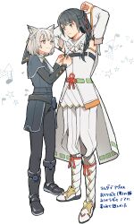  1boy 1girl animal_ear_fluff animal_ears arms_up black_boots black_jacket black_pants blue_eyes boots cat_ears cat_girl commentary_request cosplay costume_switch crossdressing crossdressing_(mtf) grey_hair highres jacket mio_(xenoblade) musical_note noah_(xenoblade) pants pleated_skirt rico_ot simple_background skirt star_(symbol) translation_request white_background white_boots white_skirt xenoblade_chronicles_(series) xenoblade_chronicles_3 