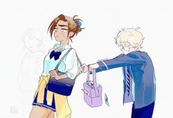  1boy 2girls alien_stage bag black_bag blazer blonde_hair blue_bow blue_bowtie blue_jacket blue_skirt bow bowtie brown_hair cardigan cardigan_around_waist claw_hair_clip clothes_around_waist collared_shirt colored_eyelashes commentary glasses grey_eyes hair_ornament hairclip highres holding holding_bag hyuna_(alien_stage) jacket love_letter luka_(alien_stage) mowar25 multiple_girls official_alternate_costume purple_bag school_uniform shirt skirt thick_eyebrows white_shirt yellow_cardigan yellow_eyes 