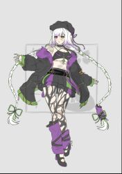  1girl adoptable bow braid broken_doll crop_top doll doll_joints fur_trim hat hat_bow heterochromia joints leggings long_hair original oversized_jacket safety_pin seiyunii skirt torn_clothes torn_leggings twin_braids very_long_hair virtual_youtuber 