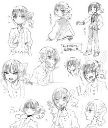  1girl closed_mouth collared_shirt commentary_request cropped_torso greyscale grin hair_ornament hair_scrunchie head_rest itomugi-kun jacket long_sleeves monochrome multiple_views necktie nekoyashiki_mayu one_side_up open_clothes open_jacket open_mouth pants precure puff_of_air scrunchie shaded_face shirt shoes short_hair sketch smile standing wonderful_precure! 