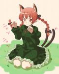  animal_ears braid cat_ears cat_pose cat_tail dress highres kaenbyou_rin paw_pose ragyuo red_eyes red_hair redhead sitting smile solo tail touhou twin_braids twintails 