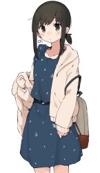  1girl anchor_symbol backpack bag black_hair blue_dress blush closed_mouth collarbone commentary cowboy_shot dress fubuki_(kancolle) fubuki_(spring)_(kancolle) green_eyes hair_between_eyes halftone highres kantai_collection long_sleeves ma_rukan official_alternate_costume polka_dot polka_dot_dress ponytail short_hair short_ponytail signature simple_background solo untranslatable_commentary white_background 